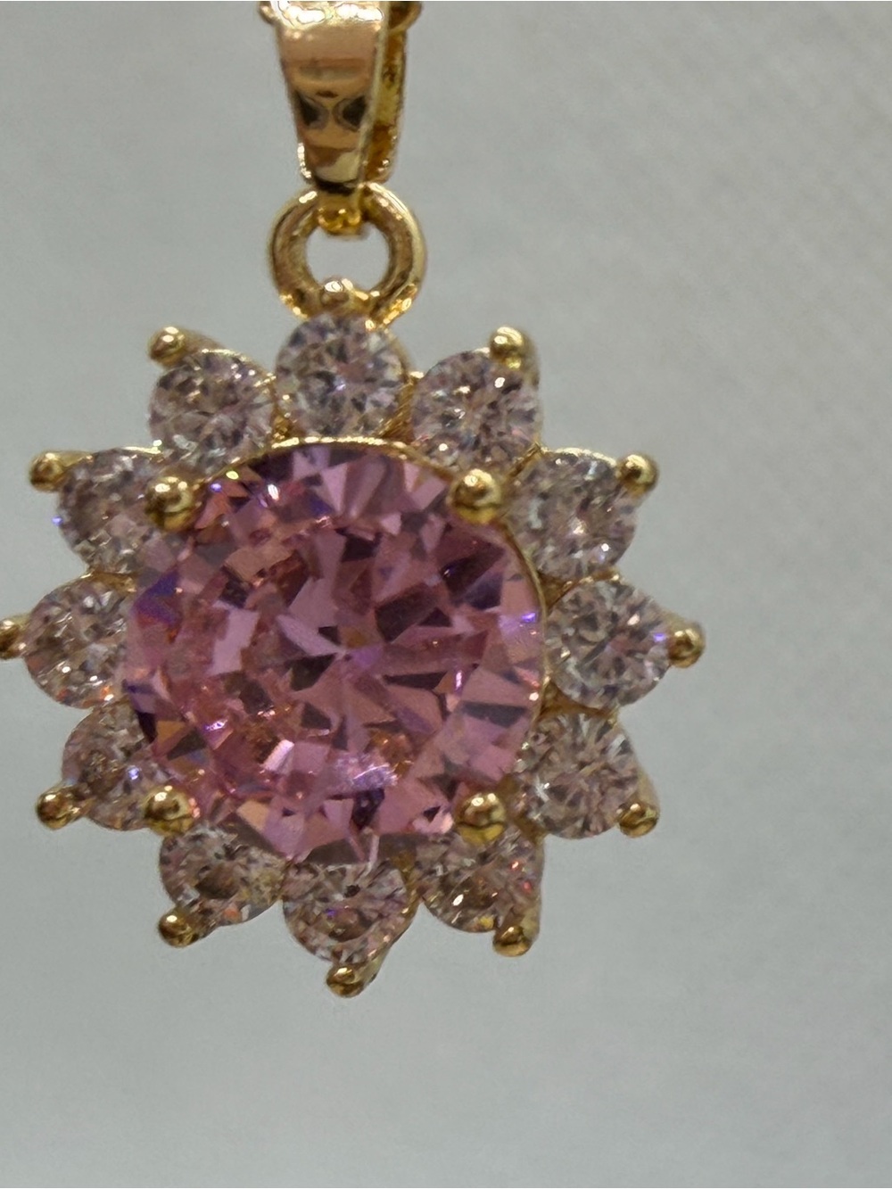 Gold-Tone Pink Crystal Flower Necklace Pendant
